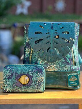 Loungefly Jurassic World Jungle Velociraptor Glow Backpack and Wallet Set NWT